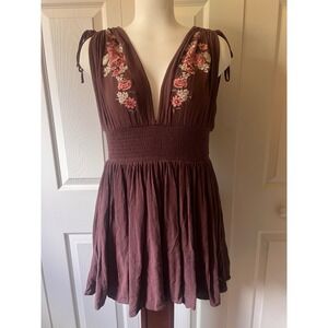 Boho Brown Babydoll Embroidered Tank Top Fairy Western Coastal Cowgirl Y2K
